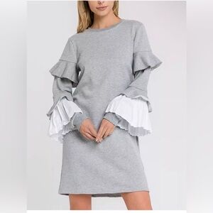 NWT! ENGLISH FACTORY Gray and White Ruffled Tiered Bell Sleeve Dress